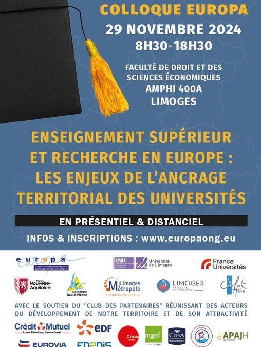 Colloque EUROPA – Enseignement supérieur et recherche en Europe : les enjeux de l’ancrage territorial des Universités – Limoges – 29 novembre 2024